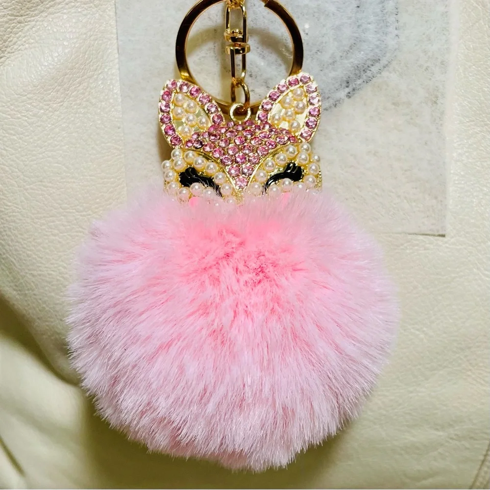 Bag Charm or Key Chain Pink Rhinestone and Pearl Fox with Pom Pom, NWOT - Picture 4 of 4